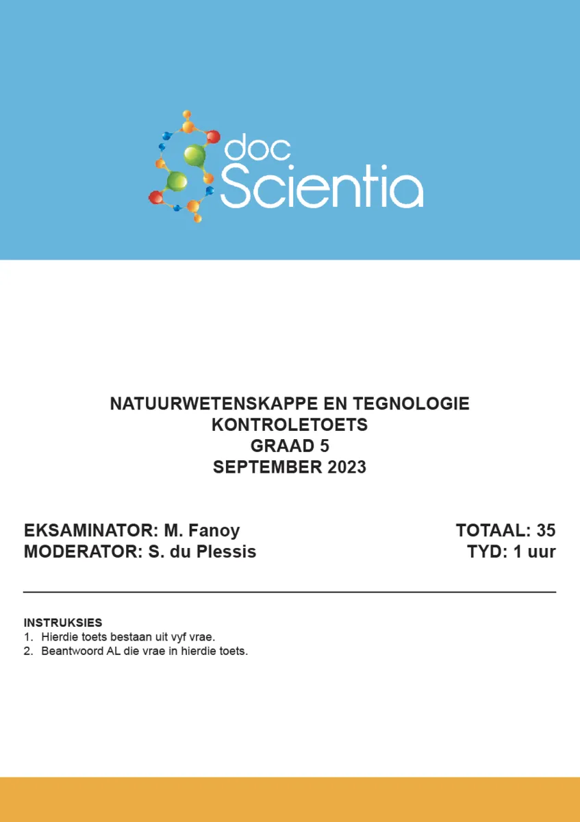 Gr. 5 Natuurwetenskappe en Tegnologie Toets en Memo September 2023