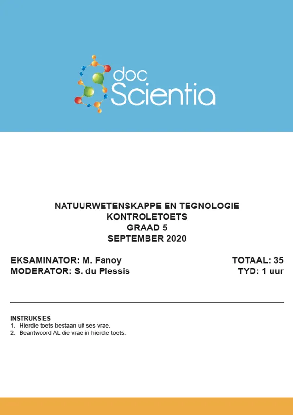 Gr. 5 Natuurwetenskappe en Tegnologie Toets en Memo September 2020