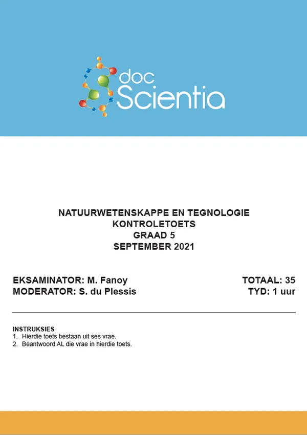 Gr. 5 Natuurwetenskappe en Tegnologie Toets en Memo September 2021