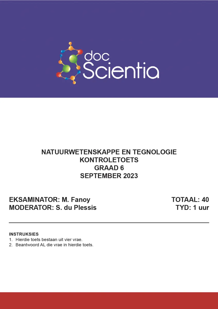 Gr. 6 Natuurwetenskappe en Tegnologie Toets en Memo September 2023