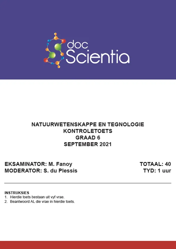 Gr. 6 Natuurwetenskappe en Tegnologie Toets en Memo September 2021