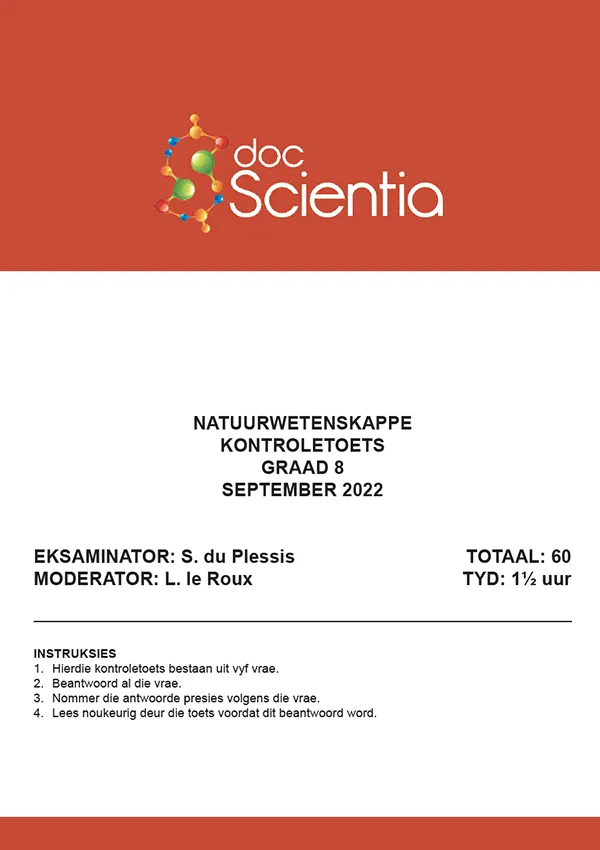 Gr. 8 Natuurwetenskappe Toets en Memo September 2022