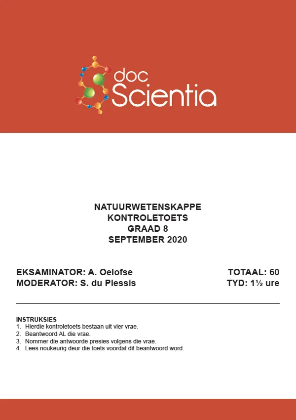 Gr. 8 Natuurwetenskappe Toets en Memo Sept. 2020