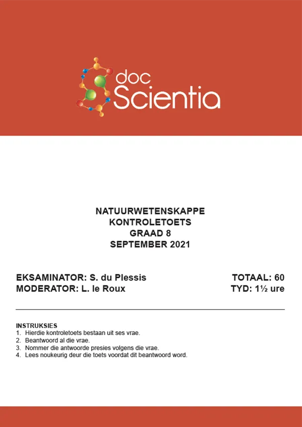 Gr. 8 Natuurwetenskappe Toets en Memo September 2021