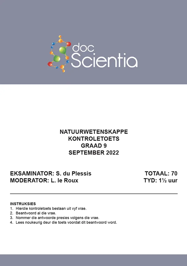 Gr. 9 Natuurwetenskappe Toets en Memo September 2022