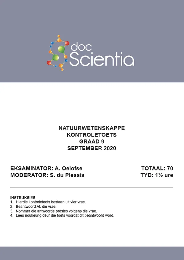 Gr. 9 Natuurwetenskappe Toets en Memo September 2020
