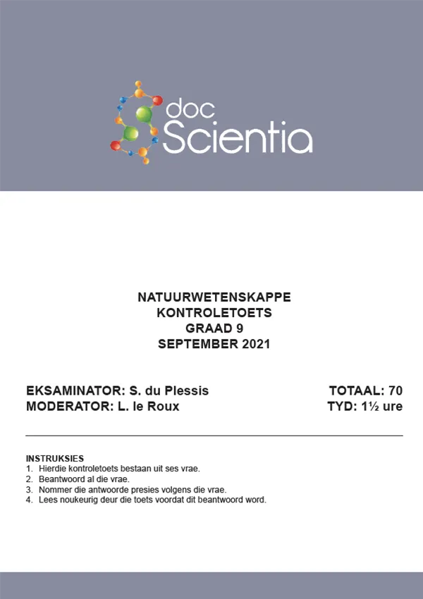 Gr. 9 Natuurwetenskappe Toets en Memo September 2021