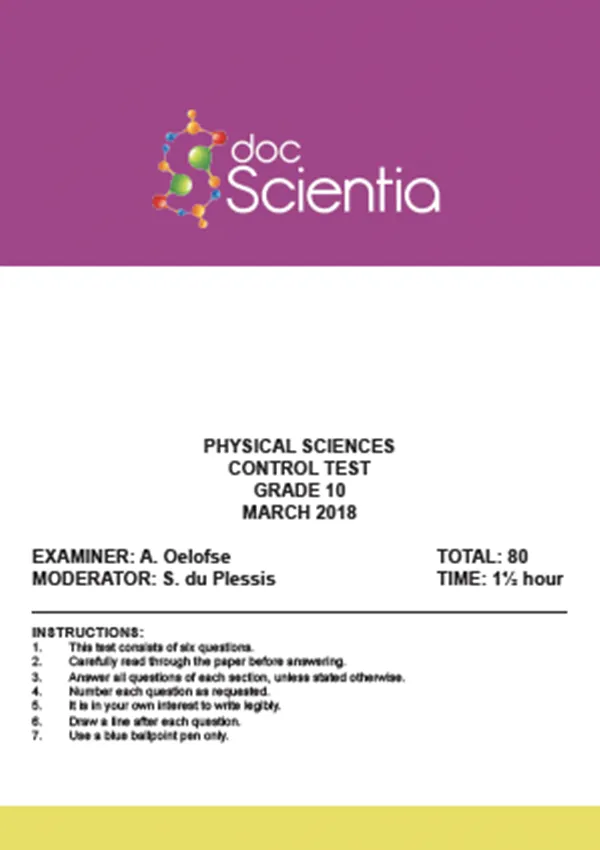 Gr.10 Physical Sciences Test and Memo March 2018
