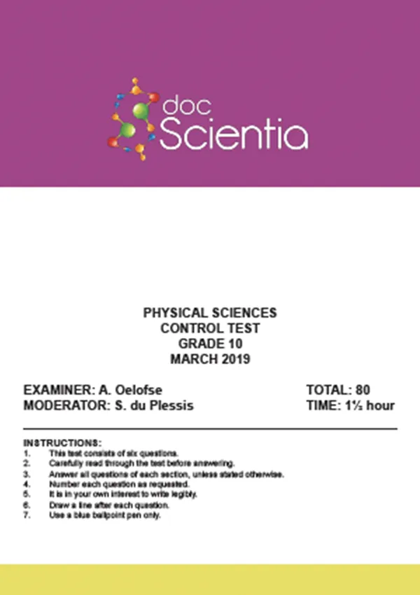 Gr.10 Physical Sciences Test and Memo March 2019