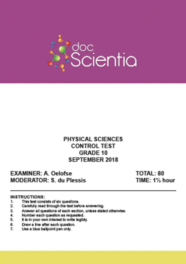 Gr.10 Physical Sciences Test and Memo Sept 2018