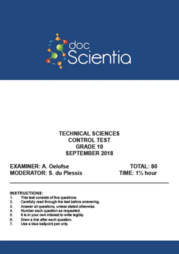Gr.10 Technical Sciences Test and Memo Sept 2018