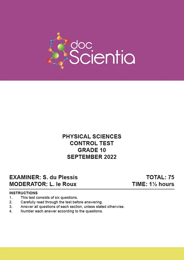 Gr. 10 Physical Sciences Test and Memo September 2022