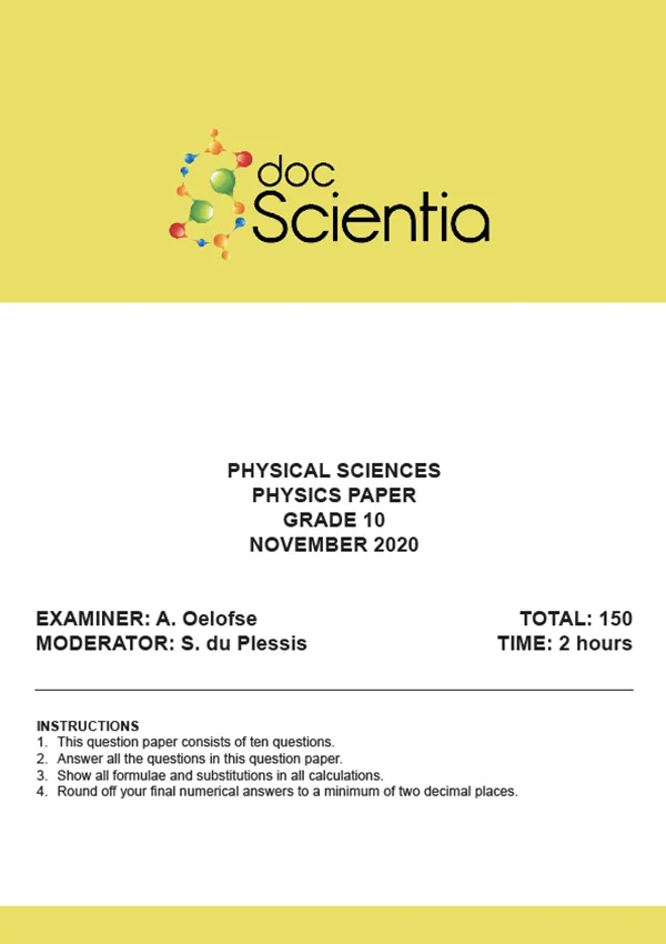 Gr. 10 Physical Sciences Physics Paper Nov 2020