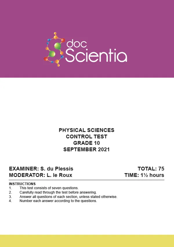 Gr. 10 Physical Sciences Test and Memo September 2021