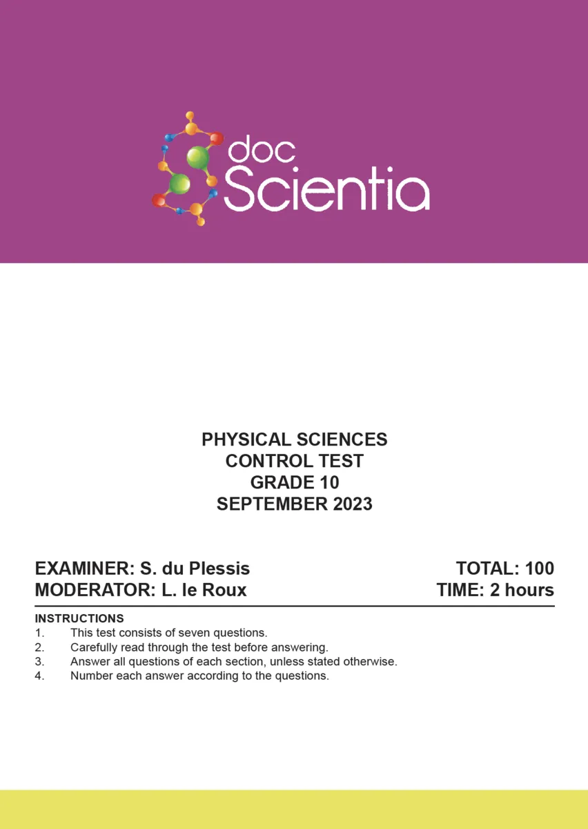 Gr. 10 Physical Sciences Test and Memo September 2023