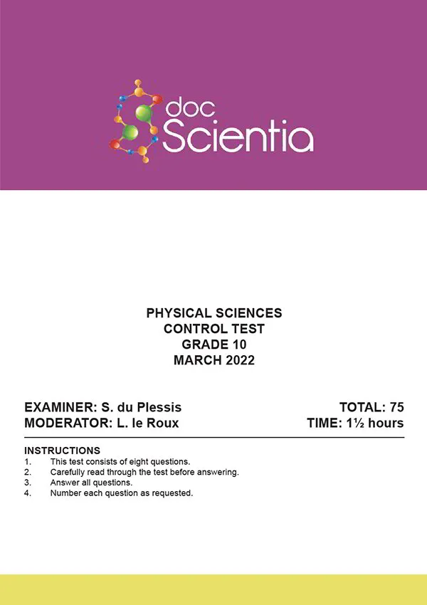 Gr. 10 Physics Test and Memo March 2022