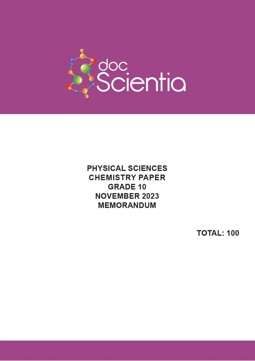 Gr. 10 Physical Sciences Chemistry Paper Nov. 2023 Memo