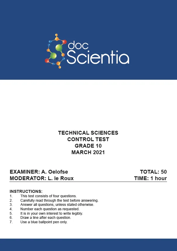 Gr. 10 Technical Sciences Test and Memo March 2021