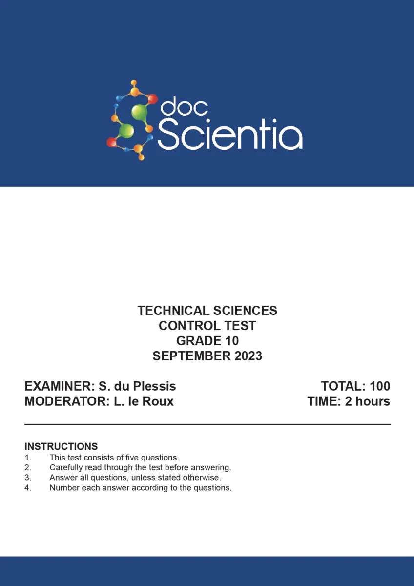 Gr. 10 Technical Sciences Test and Memo September 2023