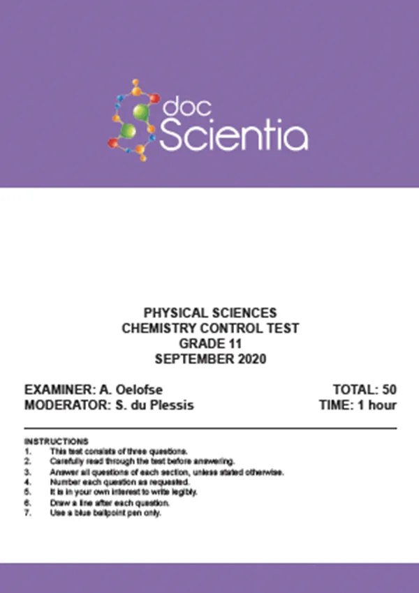 Gr.11 Physical Sciences Chemistry Test and Memo Sept 2020