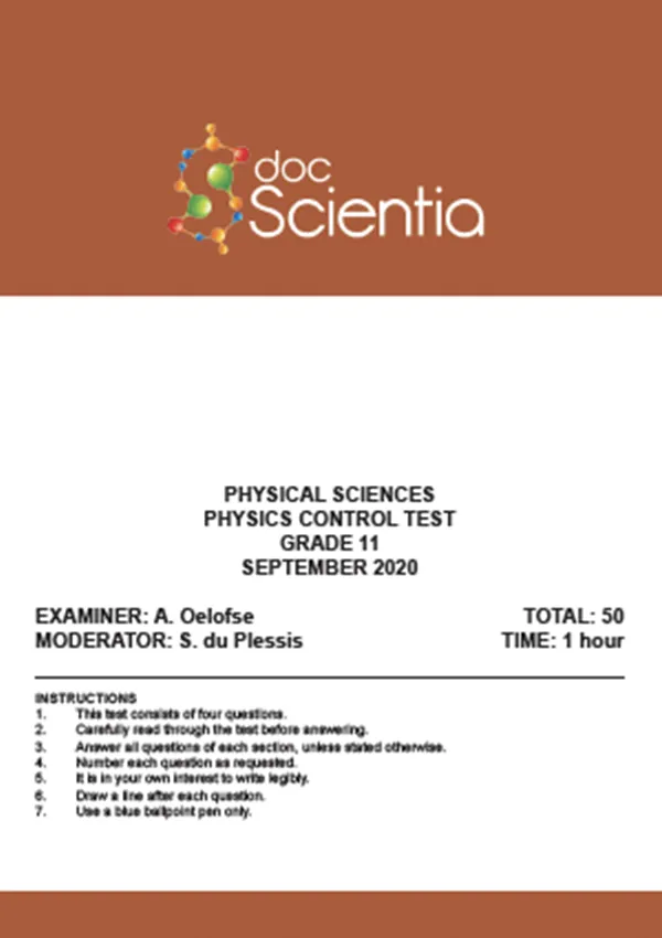 Gr.11 Physical Sciences Physics Test and Memo Sept 2020