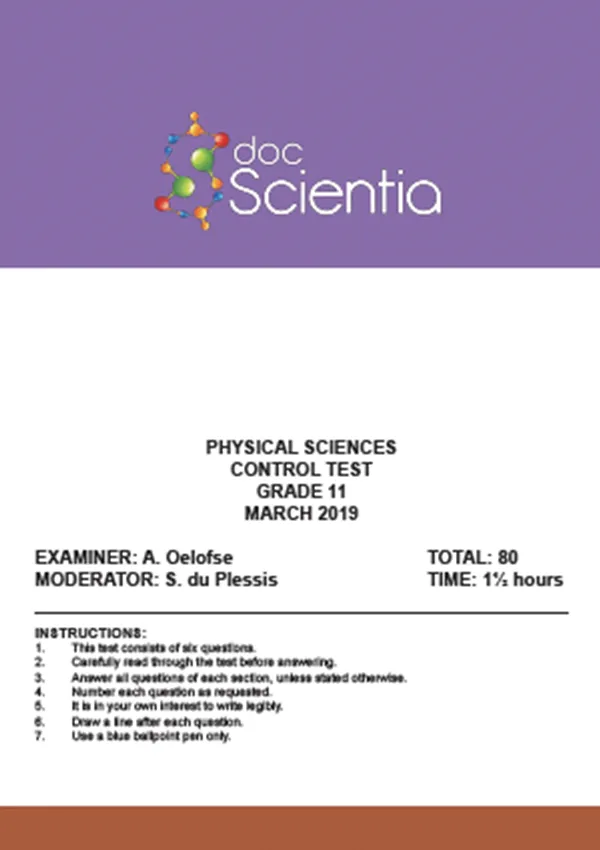 Gr.11 Physical Sciences Test and Memo March 2019