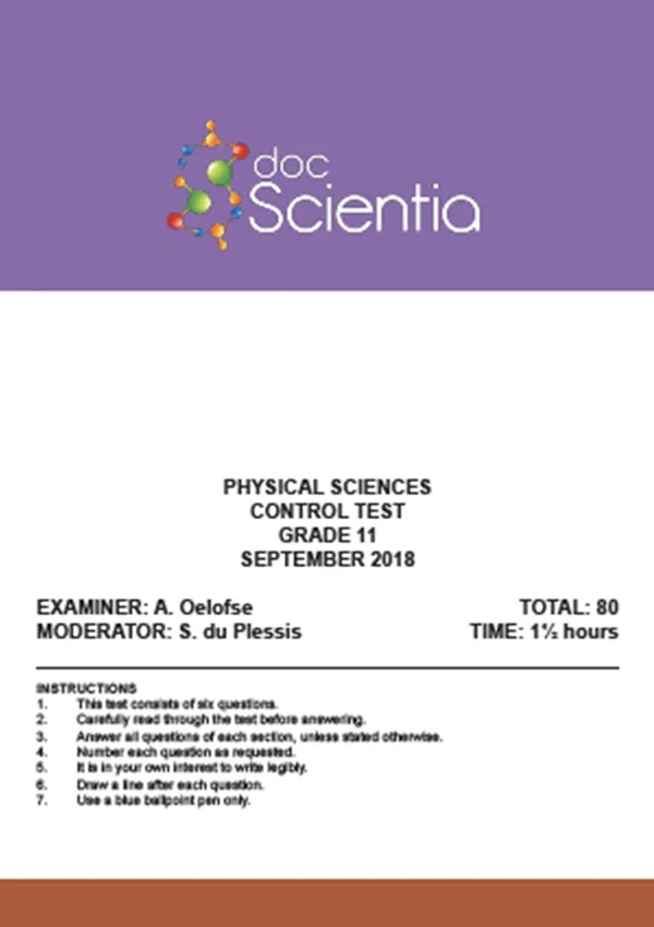 Gr.11 Physical Sciences Test and Memo Sept 2018