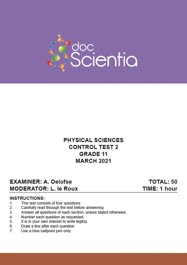 Gr. 11 Physical Sciences Test 2 and Memo March 2021