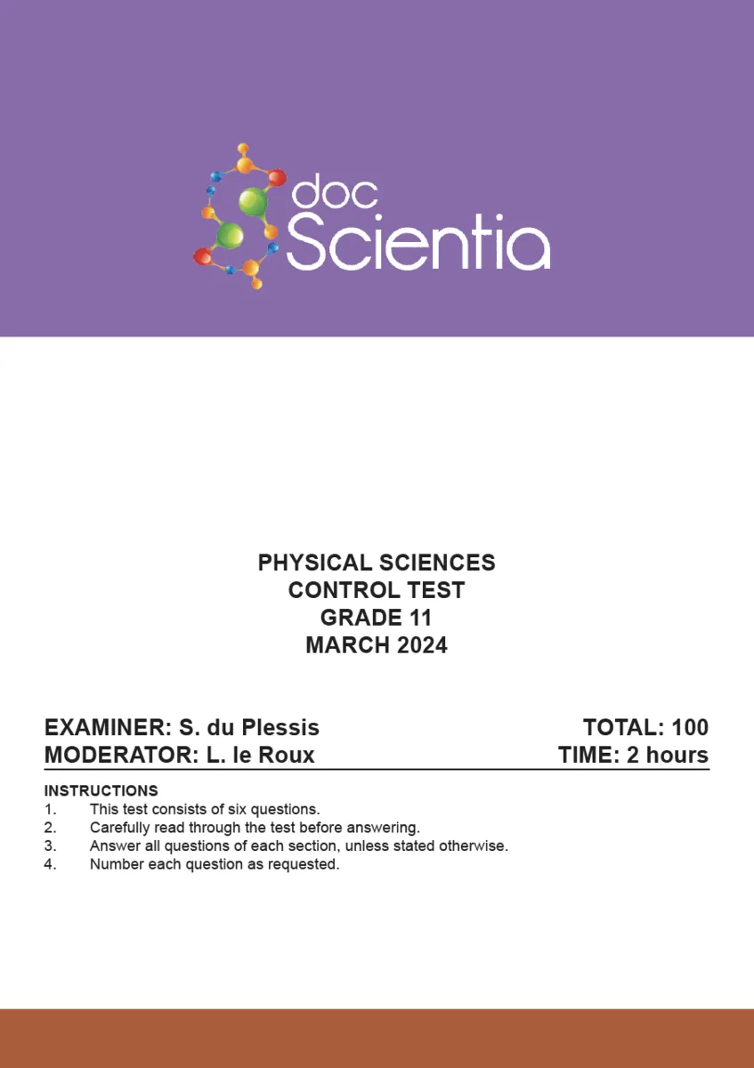 Gr. 11 Physical Sciences Test and Memo March 2024