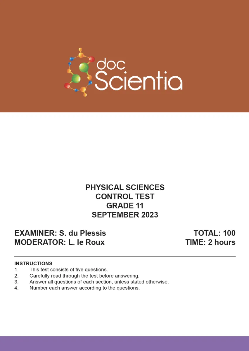 Gr. 11 Physical Sciences Test and Memo September 2023