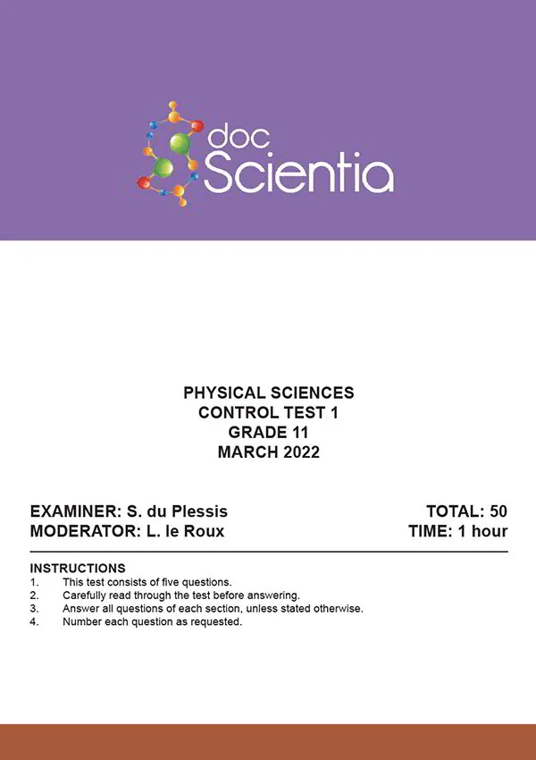 Gr. 11 Physics Test 1 and Memo March 2022