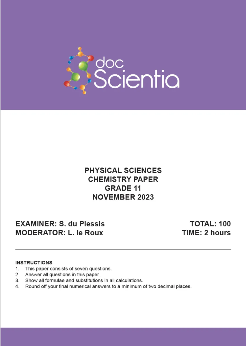 Gr. 11 Physical Sciences Chemistry Paper Nov. 2023