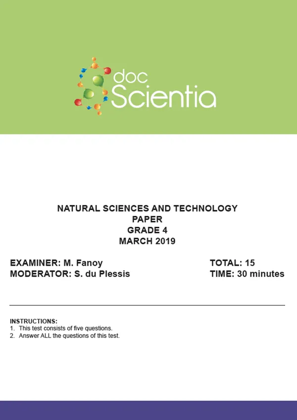 Gr.4 Natural Sciences and Technology Test and Memo March 2019