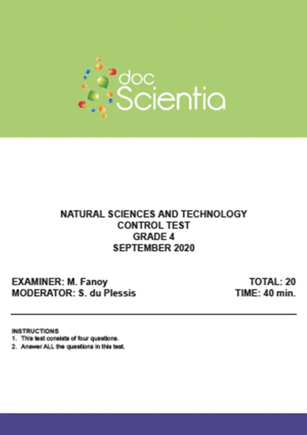 Gr.4 Natural Sciences and Technology Test and Memo Sept 2020