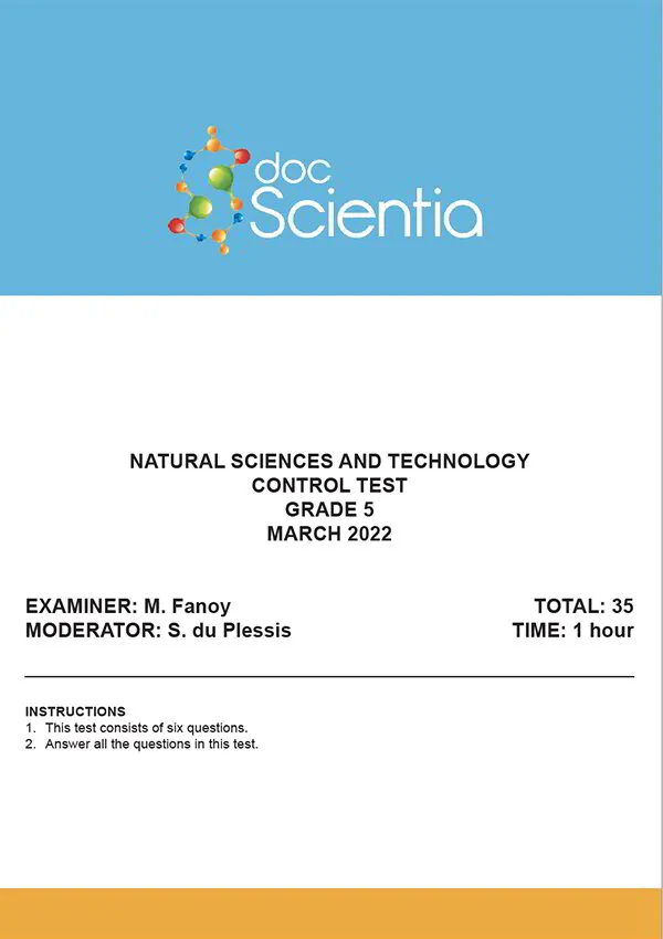 Gr. 5 Natural Sciences and Technology Test and Memo March 2022