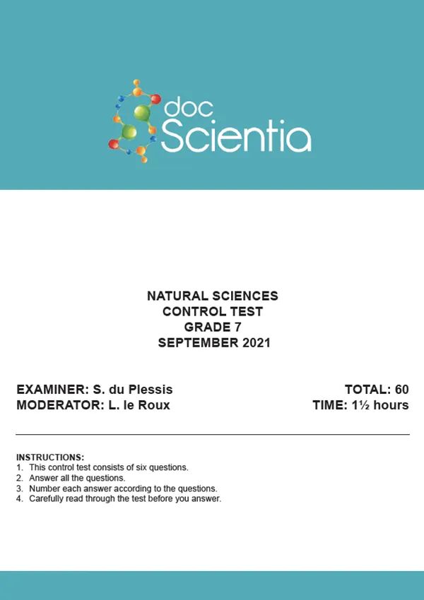 Gr. 7 Natural Sciences Test and Memo Sept. 2021
