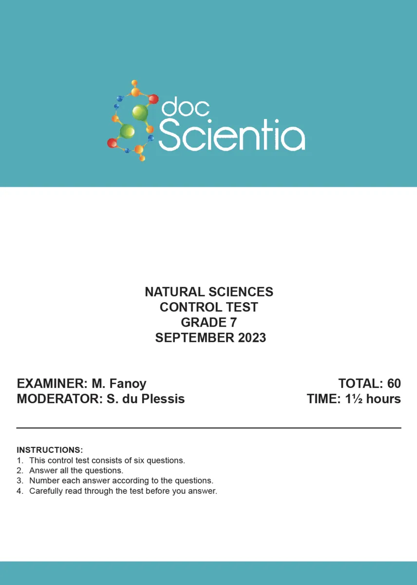 Gr. 7 Natural Sciences Test and Memo Sept. 2023