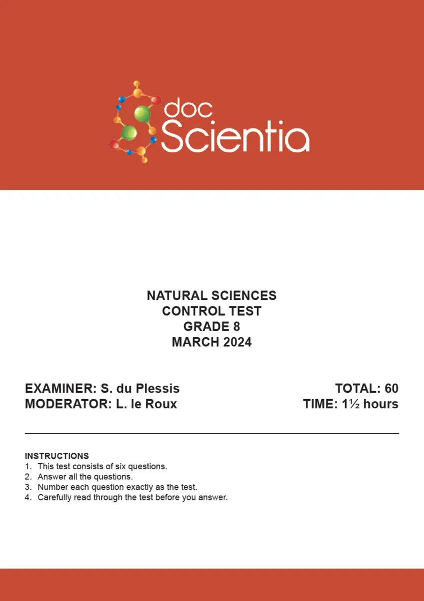 Gr. 8 Natural Sciences Test and Memo March 2024