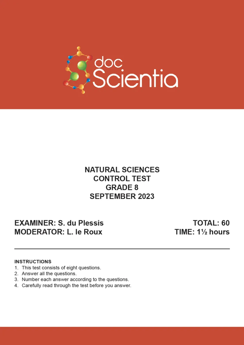 Gr. 8 Natural Sciences Test and Memo September 2023