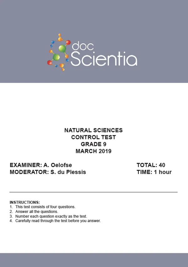 Gr.9 Natural Sciences Test and Memo March 2019