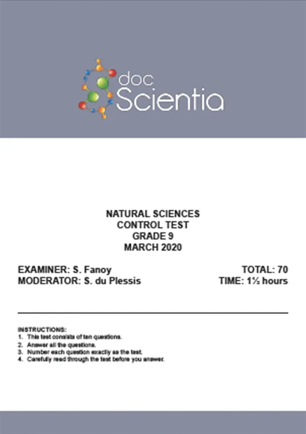 Gr.9 Natural Sciences Test and Memo March 2020