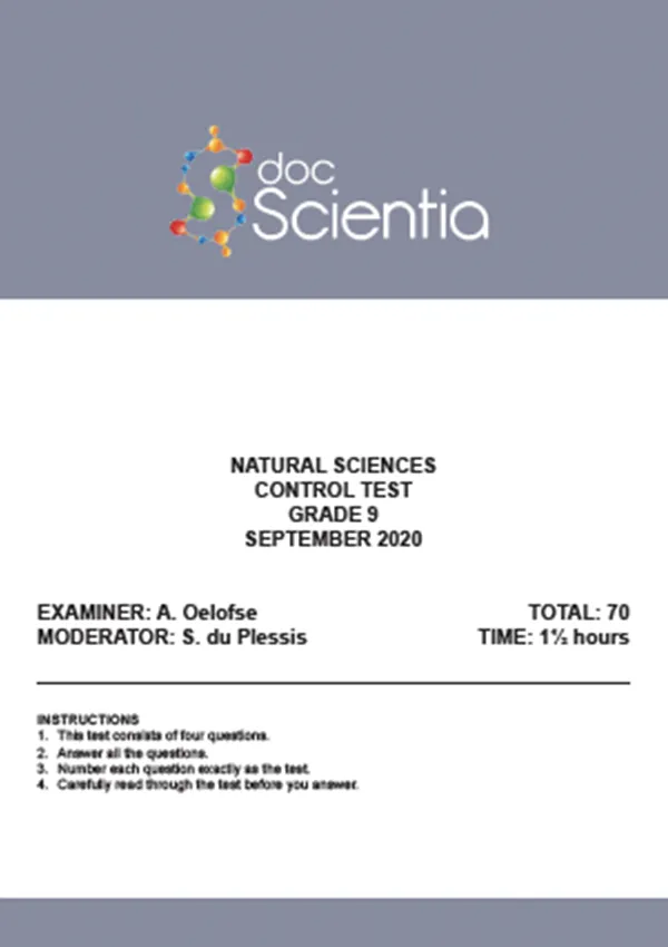 Gr.9 Natural Sciences Test and Memo Sept 2020