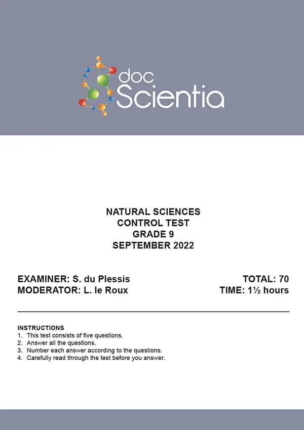 Gr. 9 Natural Sciences Test and Memo September 2022