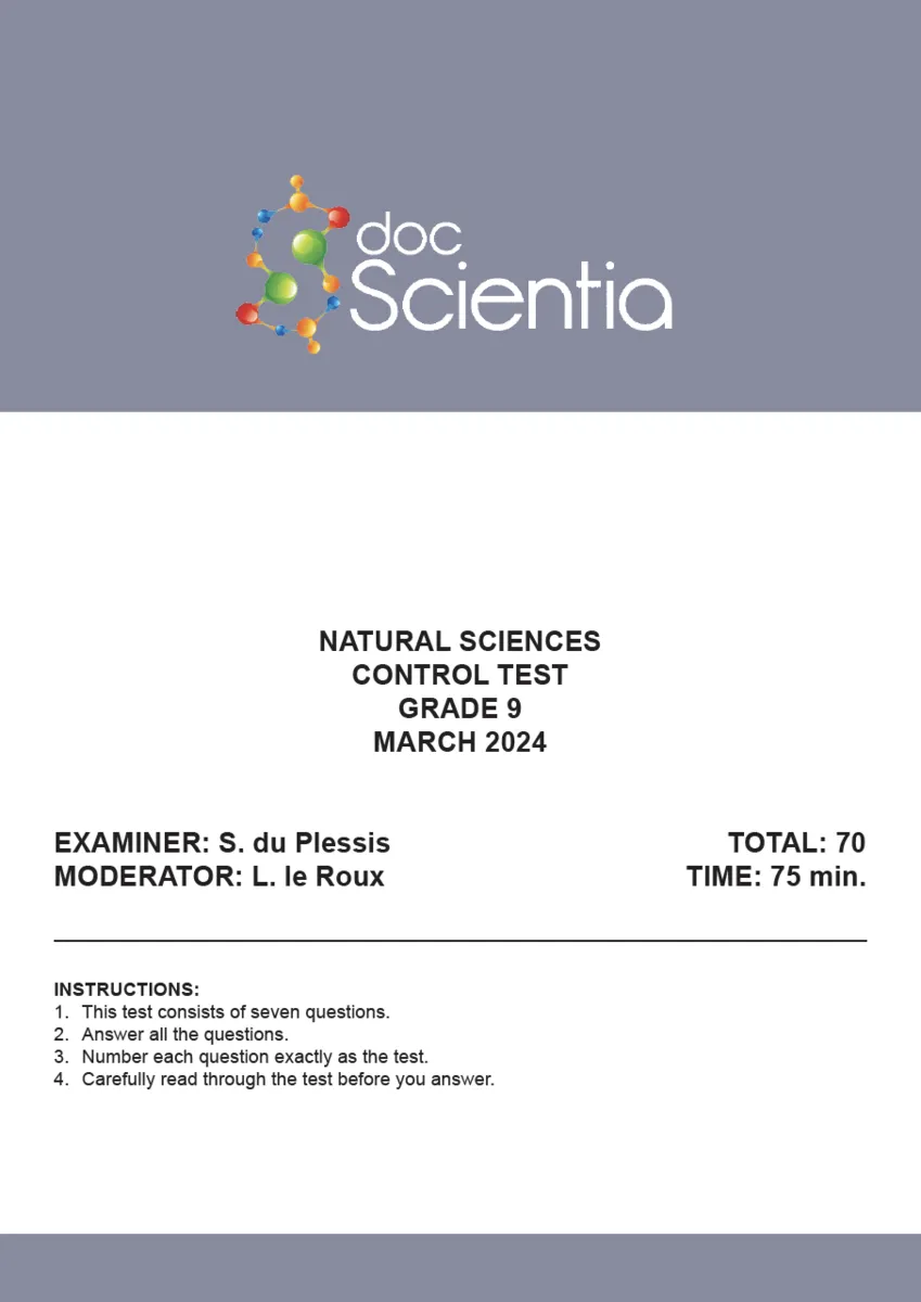 Gr. 9 Natural Sciences Test and Memo March 2024