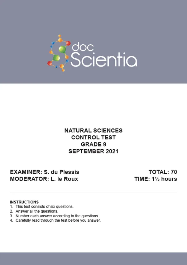 Gr. 9 Natural Sciences Test and Memo September 2021