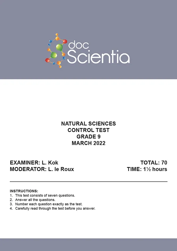 Gr. 9 Natural Sciences Test and Memo March 2022