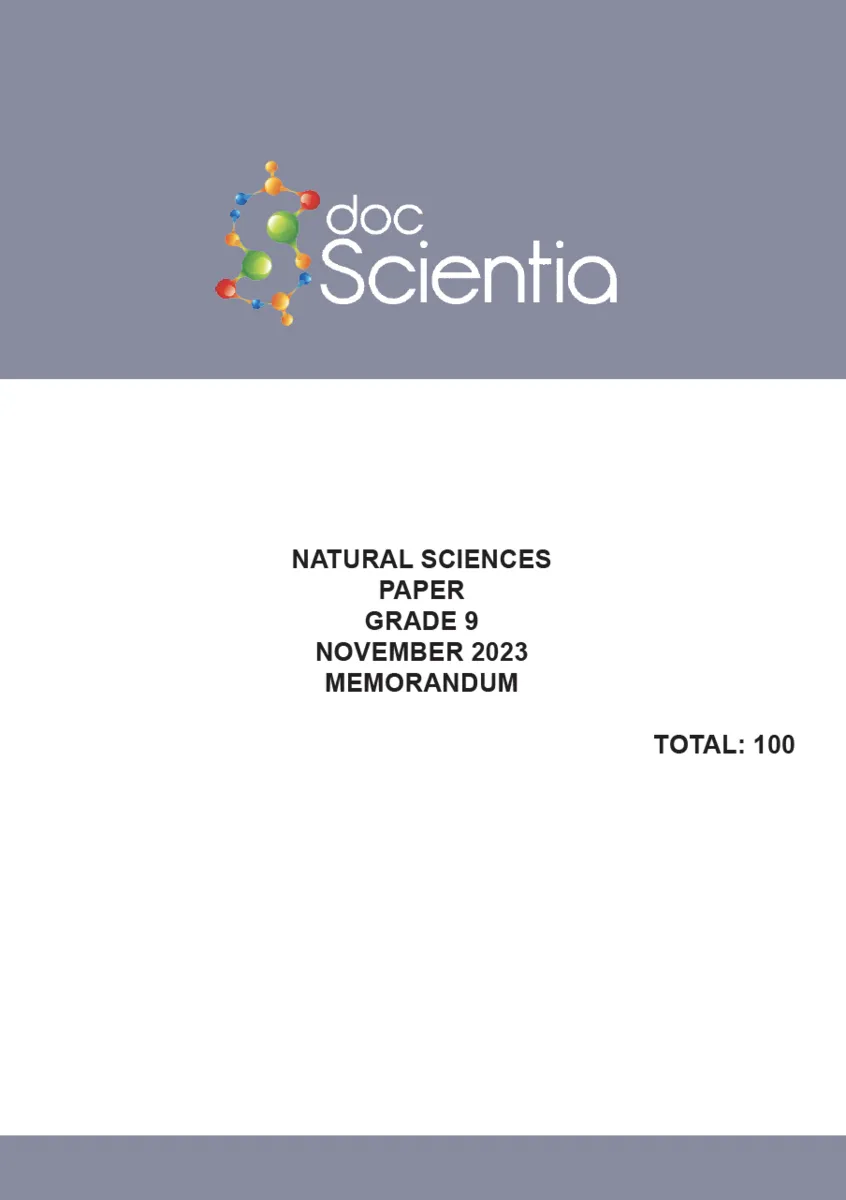 Gr. 9 Natural Sciences Paper Nov. 2023 Memo