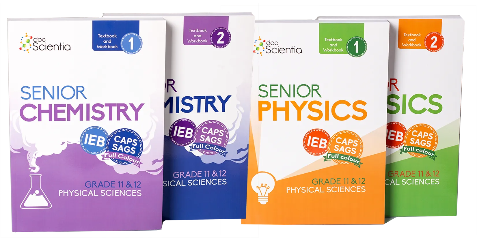 Bundle: IEB Physical Sciences Senior Physics Book 1 and Book 2 and Chemistry Book 1 and Book 2 (Full Colour) hard copy AND eBooks