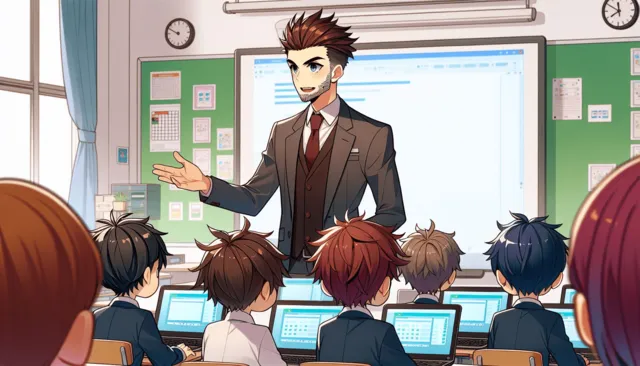Anime Style Teacher in a classroom with pupils using laptops