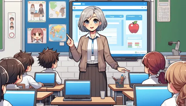 Anime style image of a teacher teaching computing to a primary class